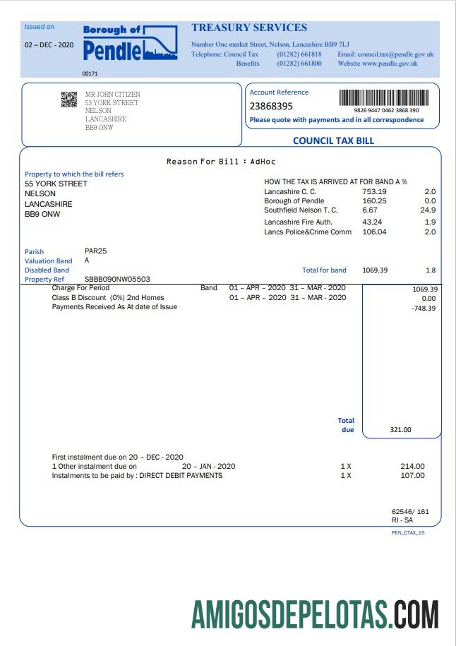 imprimível Modelo de projeto de lei fiscal do município de Pendle, no Reino Unido, em formato Word e PDF